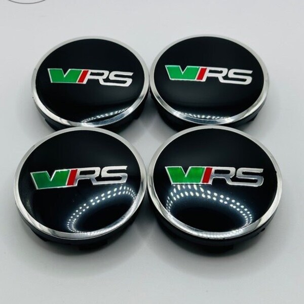 Set aus 4 schwarz / rot / grünen Skoda VRS Logo Nabenkappen für Skoda VRS Fahrzeuge 56mm Nabenkappen für Leichtmetallfelgen