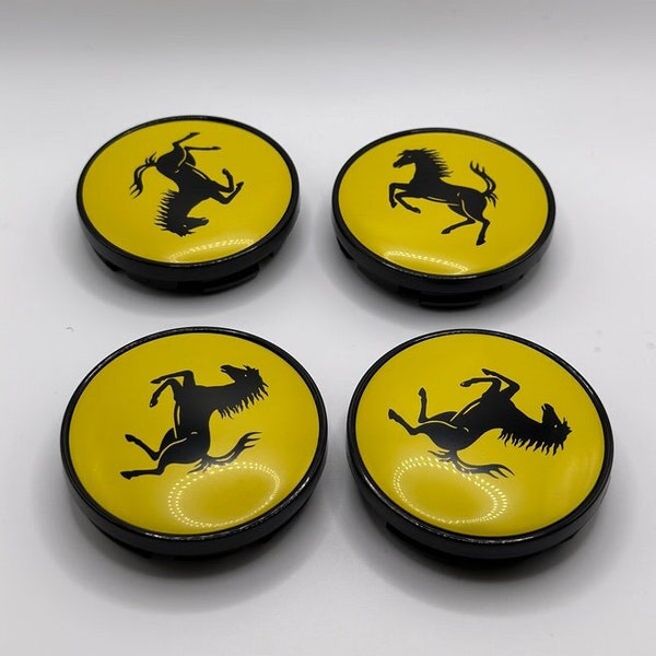 Premium 4Pcs Ferrari Black/Yellow Wheel Center Caps in Varied Sizes & Wheel Cap Base Colors, Ferrari Wheel Cap Replacement