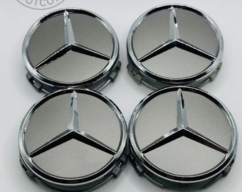 Set of 4 Gloss Grey/Chrome Mercedes Benz Alloy Wheel Center Caps 75mm, Grey Center Hub Caps for Mercedes Benz 75mm