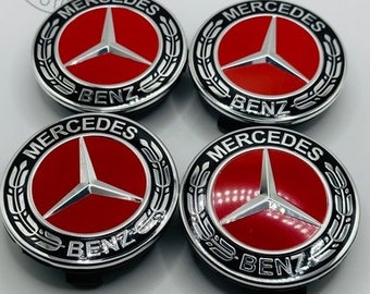 Set Of 4 Mercedes Benz Red Alloy Wheel Center Caps 75mm, Center Hub Caps For Mercedes Benz 75mm, Wheel Center Caps For Mercedes Benz