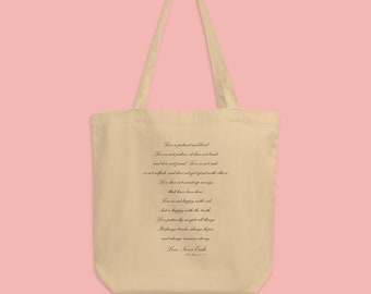 Love Never Ends, Bible verse Eco Tote Bag, 100% cotton, Christian shopping bag