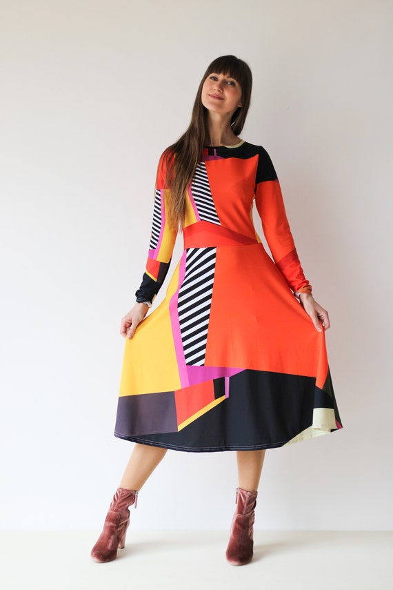 Fit and Flare Dress With Pockets Colorful Bold Pattern Dress Trendy Dress Contemporary Fashion Casual Chic Style Versatile Midi Dress Etsy UK
