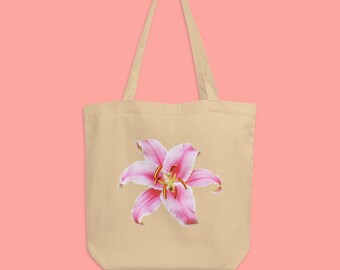 Lily Eco Tote Bag, Floral Tote bag, Flower bag, Summer Tote bag, Gift Idea, Aesthetic Bag, Pretty Floral Bag, 100% Cotton Shopping Bag