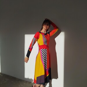 Abstract Pattern Art Print V-neck Long Sleeve Cotton Maxi Dress Aye5995