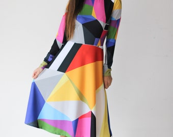CITRINE MIDI dress, geometric print, vibrant colour, bright, midi, abstract design, boho chic, fashion, happy clothes, spring clothing