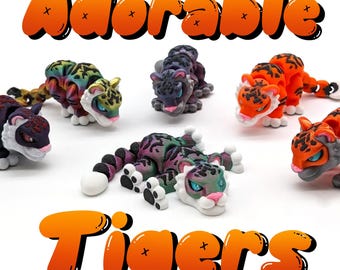 Adorable Tigers - Articulated Multicolor 3D Print, Unique Gift, One of a Kind, Rare Find, Fun Desk Fidget, Cute Orange & Black Striped Tiger