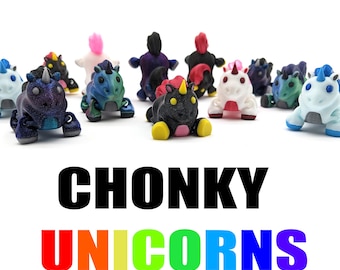 Chonky Unicorns - Multicolor 3D Print, Fun Unicorn Desk Fidget, Party Favor, Fat Horned Horse, Fantasy Decor, Cute, Little, Smol, Pocket Pet