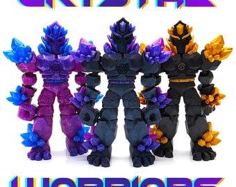 Crystal Warriors - Multicolor Articulated 3D Print, Cool Custom Colors, Mineral Golem, Rock Fantasy Fighter, Swords, Unique Fun Gamer Gift