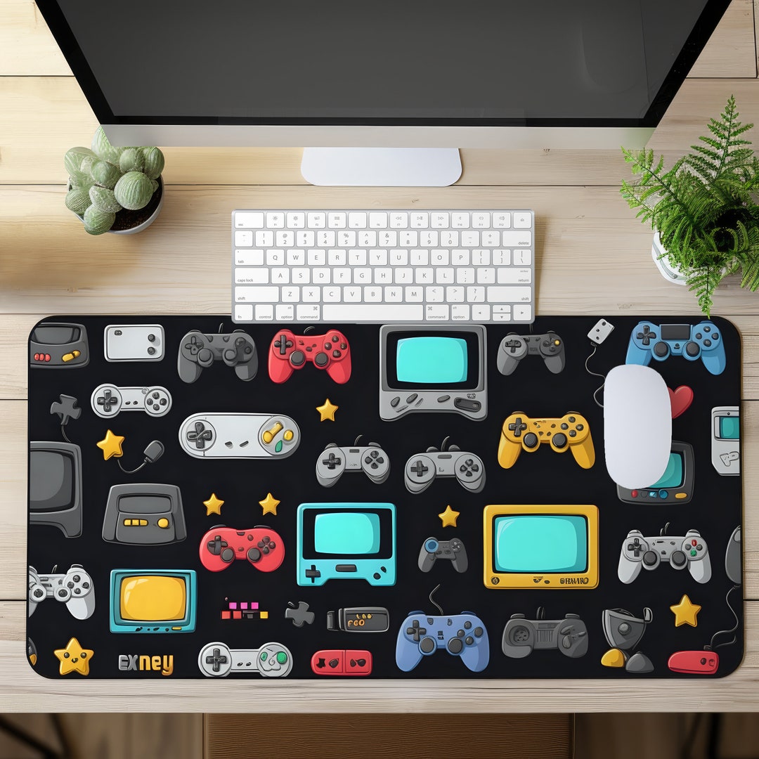 Vintage Gaming Desk Mat Cartoon Style, Gamer Desk Setup, Gaming Mouse ...