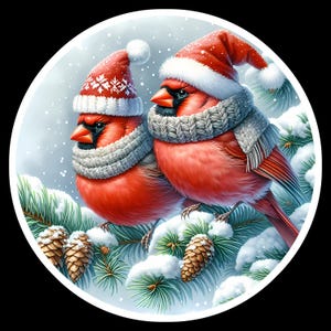 赤いカーディナルのクリスマスステッカー 帽子とスカーフをつけたカーディナル