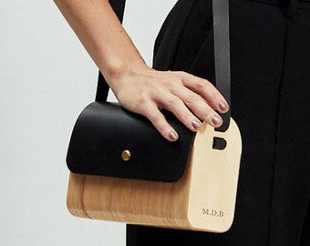 Personalized Leather and Wood Bag, Customized Leather Crossbody, monogram Handbag, bridesmaid gift, unique present for her, christmas Gift