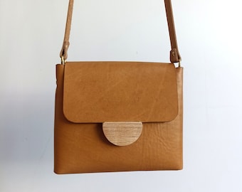 Vegetable leather mini bag, light brown leather  bag, natural leather crossbody, novelty purse, novelty bag, leather and wood purse