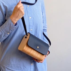 Wood and leather purse, navy shoulder bag, wooden handbag, small handbags for women, unique gift for her, minimalist purse, gift for moms