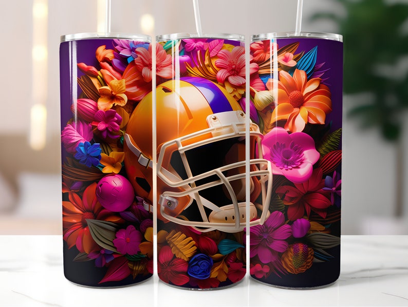 Flower Football Helmet Tumbler, Sports Theme Tumbler, Insulated Travel