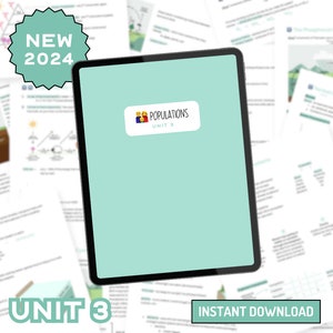 May include: A teal blue digital tablet with the text "POPULATIONS UNIT 3" on the screen. The tablet is surrounded by white papers with diagrams and text. A red starburst sticker with the text "NEW 2024" is in the top left corner of the image.