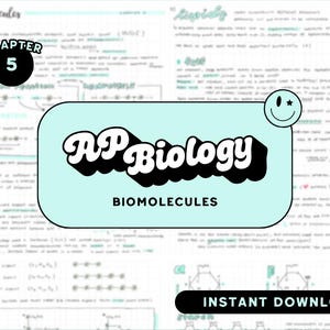 May include: A teal blue and white digital download for AP Biology notes on biomolecules. The text "AP Biology" is in a large, bold, black font with a white outline. The text "Biomolecules" is in a smaller, black font. The text "Chapter 5" is in a circle with a white background and black outline. The text "Instant Download" is in a black font with a white outline.