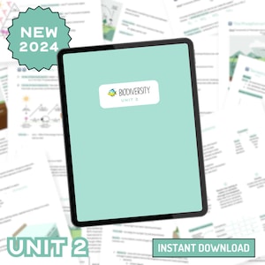 Może przedstawiać: Tablet cyfrowy wyświetlający turkusową okładkę z tekstem "Biodiversity Unit 2" i małą kreskówkową rybą. Tablet jest otoczony białymi papierami z tekstem i ilustracjami. Naklejka w kształcie gwiazdy z tekstem "NEW 2024" znajduje się w lewym górnym rogu. Tekst "UNIT 2" znajduje się w lewym dolnym rogu, a "INSTANT DOWNLOAD" w prawym dolnym rogu.