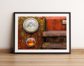 Vintage Red Car Headlight Photography Print | Rustic Urban Wall Art