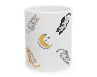 Sleepy Kitty Whimsical Cat Ceramic Mug | Perfect Gift for Cat Lovers, Cozy Mornings, Cat-Themed Decor, Coffee & Tea Drinkware