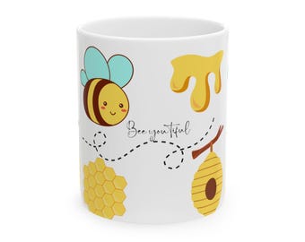 Taza de cerámica Bee-you-tiful, linda taza de abeja, regalo para amantes de la naturaleza, taza de café inspiradora, utensilios de cocina con temática de abejas, decoración de abejas zumbadoras