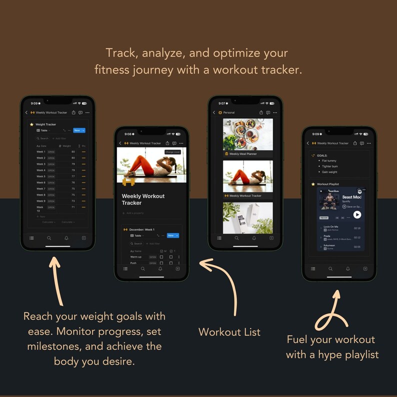 Peut inclure: Une capture d'&eacute;cran d'une application mobile montrant un suivi d'entra&icirc;nement hebdomadaire. L'application a un fond sombre avec une interface gris clair. L'application affiche une liste d'entra&icirc;nements, un suivi de poids hebdomadaire et une liste de lecture d'entra&icirc;nement. L'application a &eacute;galement une fonction pour d&eacute;finir des objectifs et suivre les progr&egrave;s.