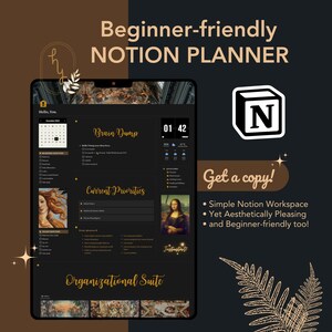 May include: A black and white image of a computer screen showing a Notion planner template. The template is designed to be beginner-friendly and includes sections for brain dumping, current priorities, and an organizational suite. The template is decorated with Renaissance-era artwork.