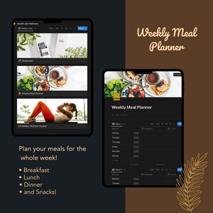 Peut inclure: Une application de planification des repas hebdomadaires affich&eacute;e sur l'&eacute;cran d'une tablette. L'application pr&eacute;sente un fond sombre et une grille blanche avec des colonnes pour chaque jour de la semaine et des lignes pour le petit-d&eacute;jeuner, le d&eacute;jeuner et le d&icirc;ner. L'application comprend &eacute;galement une section pour ajouter une propri&eacute;t&eacute; et une section pour filtrer et trier les repas.