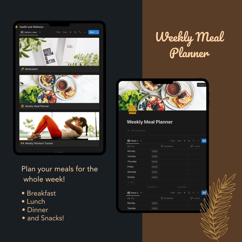 Peut inclure: Une application de planification des repas hebdomadaires affich&eacute;e sur l'&eacute;cran d'une tablette. L'application pr&eacute;sente un fond sombre et une grille blanche avec des colonnes pour chaque jour de la semaine et des lignes pour le petit-d&eacute;jeuner, le d&eacute;jeuner et le d&icirc;ner. L'application comprend &eacute;galement une section pour ajouter une propri&eacute;t&eacute; et une section pour filtrer et trier les repas.