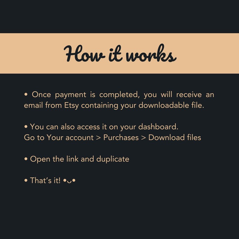 Peut inclure: Un graphique de texte noir et blanc avec les mots "How it works" en &eacute;criture cursive. Le texte explique comment acc&eacute;der &agrave; un t&eacute;l&eacute;chargement num&eacute;rique apr&egrave;s un achat sur Etsy. Le texte comprend des instructions pour acc&eacute;der au t&eacute;l&eacute;chargement depuis votre compte Etsy et pour ouvrir le lien afin de dupliquer le fichier.