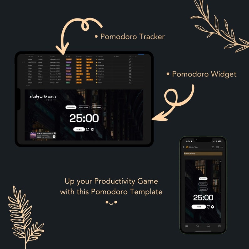 Peut inclure: Une capture d'&eacute;cran d'une application de minuterie Pomodoro sur une tablette et un t&eacute;l&eacute;phone. L'application a un fond sombre avec une minuterie r&eacute;gl&eacute;e sur 25:00. L'application dispose &eacute;galement d'un suivi des sessions Pomodoro termin&eacute;es. Le texte sur l'application indique "study with me.io".
