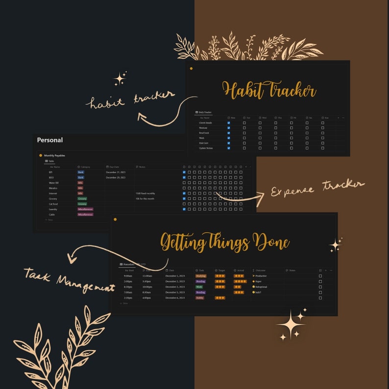 Peut inclure: Un &eacute;cran num&eacute;rique affichant un suivi des habitudes, un suivi des d&eacute;penses et un syst&egrave;me de gestion des t&acirc;ches. L'&eacute;cran est sombre avec du texte et des ic&ocirc;nes dor&eacute;s. Les textes "Habit Tracker", "Expense Tracker" et "Getting Things Done" sont visibles sur l'&eacute;cran.