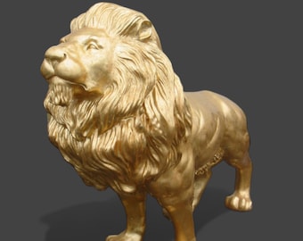Golden lion, 190 cm long, big cat in metallic gold lacquer, luxury art, designer figurine, unique top design! Exclusive Lion King!