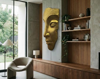 New! Very beautiful XL relief mask in a handcrafted artist figure, premium wall sculpture, fragmentary presence in a modern form, architectural object.