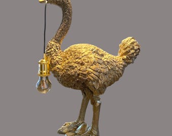 Golden ostrich with lamp 70 cm, African decoration animal figure ostrich, design lamp lamp, Ostrich Lamp Autruche