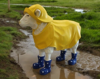 lustiges lebensgroßes Schaf mit Gummistiefel im Ostfriesennerz 75cm lang, maritimes Küstenschaf mit Regenmantel, wetterfeste Gartenfigur !