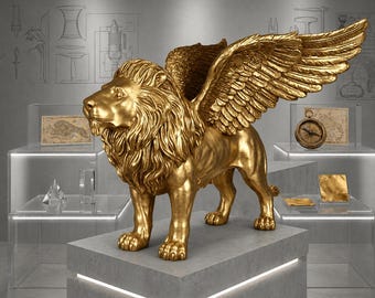 XXL winged Venetian lion in gold finish, 2.10 m long, imposing fiberglass sculpture, art object for indoor and outdoor use, Venetian Sculpture Lion
