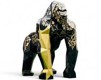 XL polygonal gorilla with floral tendrils in black/gold lacquer, 130 cm high x 120 cm long, exclusive, luxury art, art object, gorilla