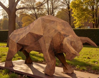 Large bull in modern polygonal Corten steel look, 220 cm x 1.30 cm. Taurus, a great, expressive art object. Taureaux