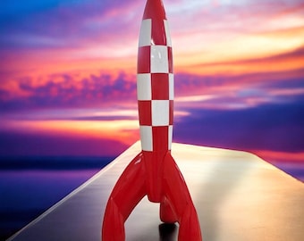 Gigantic 180 cm rocket, handcrafted red/white design paintwork, artistically designed, premium decoration, Rocketart, oeuvre d'art Fusée