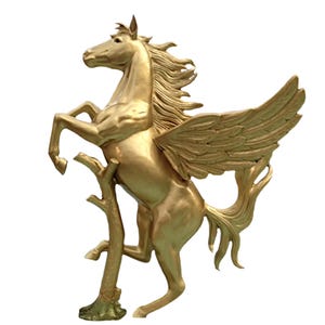 320cm ! l  Aufsteigender goldener Pegasus an Baumstamm. Belle sculpture de Pégase grandeur nature Very beautiful life-size Pegasus sculpture