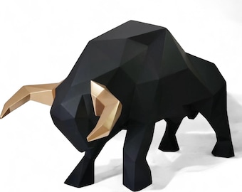 Large bull, 220 cm long, 1.30 cm high, in a modern polygonal design, elegant black Taurus, a great art object, high-quality Black Bull