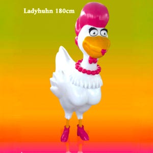 Ekskluzywna komiksowa kura "Lady Chicken" 180 cm, obiekt designerski wykonany z włókna szklanego, kurczak w lakierowanych butach i naszyjniku z pereł, edycja limitowana, XXL Chicken, zabawny kurczak