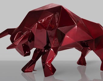 Large bull, 220 cm long, 1.30 cm high, in a modern polygonal burgundy design, an elegant Taurus, a great expressive art object.