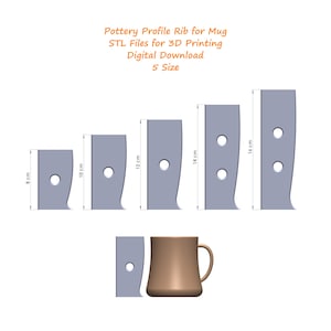 May include: Five different sizes of gray ceramic mug ribs for 3D printing. The ribs are 8 cm, 10 cm, 12 cm, 14 cm, and 16 cm tall. A brown ceramic mug is shown below the ribs.