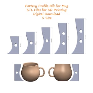 Pode incluir: Imagem de costelas de perfil de cerâmica para canecas, com dimensões que variam de 8 cm a 16 cm. A imagem inclui modelos 3D de canecas e os arquivos STL para impressão 3D. O texto na imagem diz: "Pottery Profile Rib for Mug STL Files for 3D Printing Digital Download 5 Size."