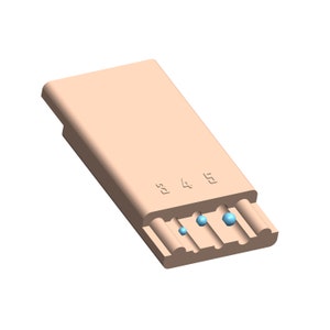 May include: A beige rectangular box with a slot for five small blue marbles. The box has numbers 3, 4, and 5 printed on the top.