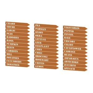 Pode incluir: Um conjunto de três placas de madeira castanho com texto branco listando vários vegetais e ervas. As placas estão dispostas em uma coluna vertical com a primeira placa listando acelga, tomilho, alho, ervilhas, rabanetes, manjericão, abóbora, beterraba, cenoura, endro, batatas, pepinos e tomates. A segunda placa lista ervilha, salsa, cebola, quiabo, alface, alho-poró, berinjela, milho, pimenta, brócolis, alecrim, cebolinha e limão. A terceira placa lista vegetais, pimenta, funcho, couve, chicória, aipo, couve-flor, repolho, feijão, aspargos, alcachofra, abobrinha e espinafre.