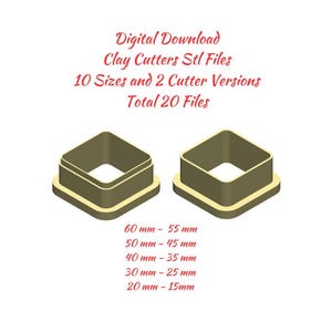 Polymer Clay Cutters Square Stl Files for 3D Printing | Polymer Clay Cutters Set, 15 to 60 mm | 3D Cutters STL Files | Digital Download