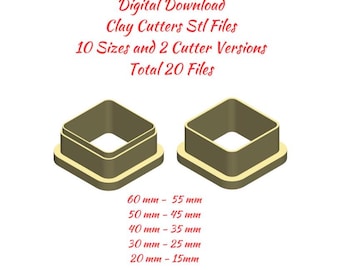 Polymer Clay Cutters Square Stl Files for 3D Printing | Polymer Clay Cutters Set, 15 to 60 mm | 3D Cutters STL Files | Digital Download