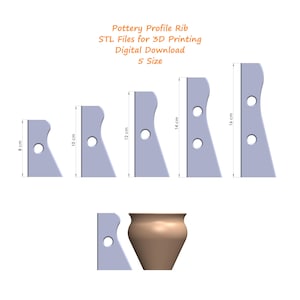 May include: Five different sizes of pottery profile rib molds for 3D printing. The molds are gray and have two holes. The smallest mold is 8 cm tall and the largest is 16 cm tall. There is also a brown pottery vase.